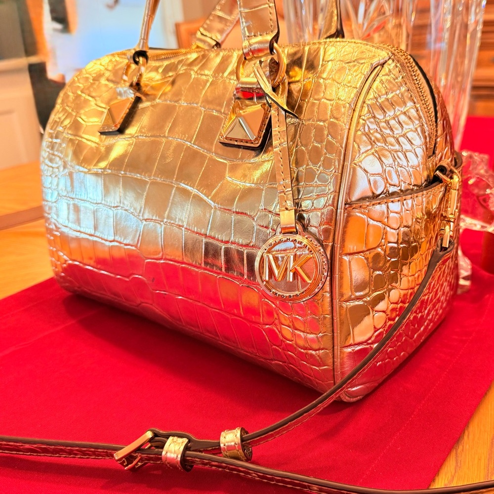 Michael Kors Grayson Metallic Gold Croc Embossed Leather Satchel, Tote EUC - Picture 12 of 13